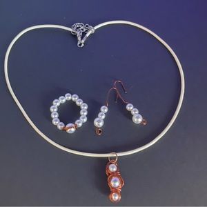 Copper Wire Wrapped Faux Pearl Jewelry Set